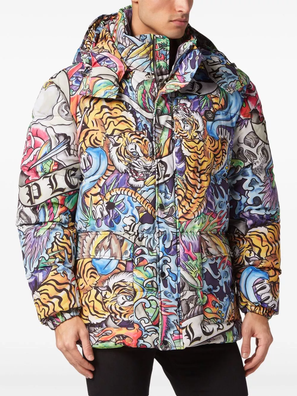 Cheap Philipp Plein tattoo-print hooded puffer jacket Men 0131