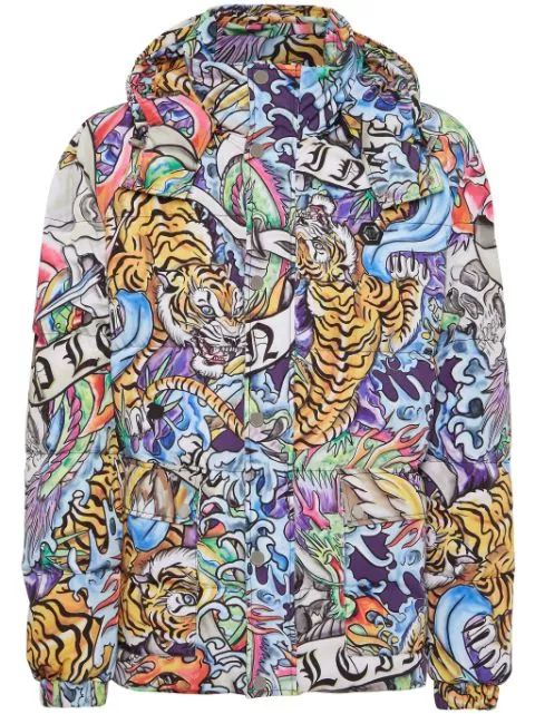 Cheap Philipp Plein tattoo-print hooded puffer jacket Men 0131