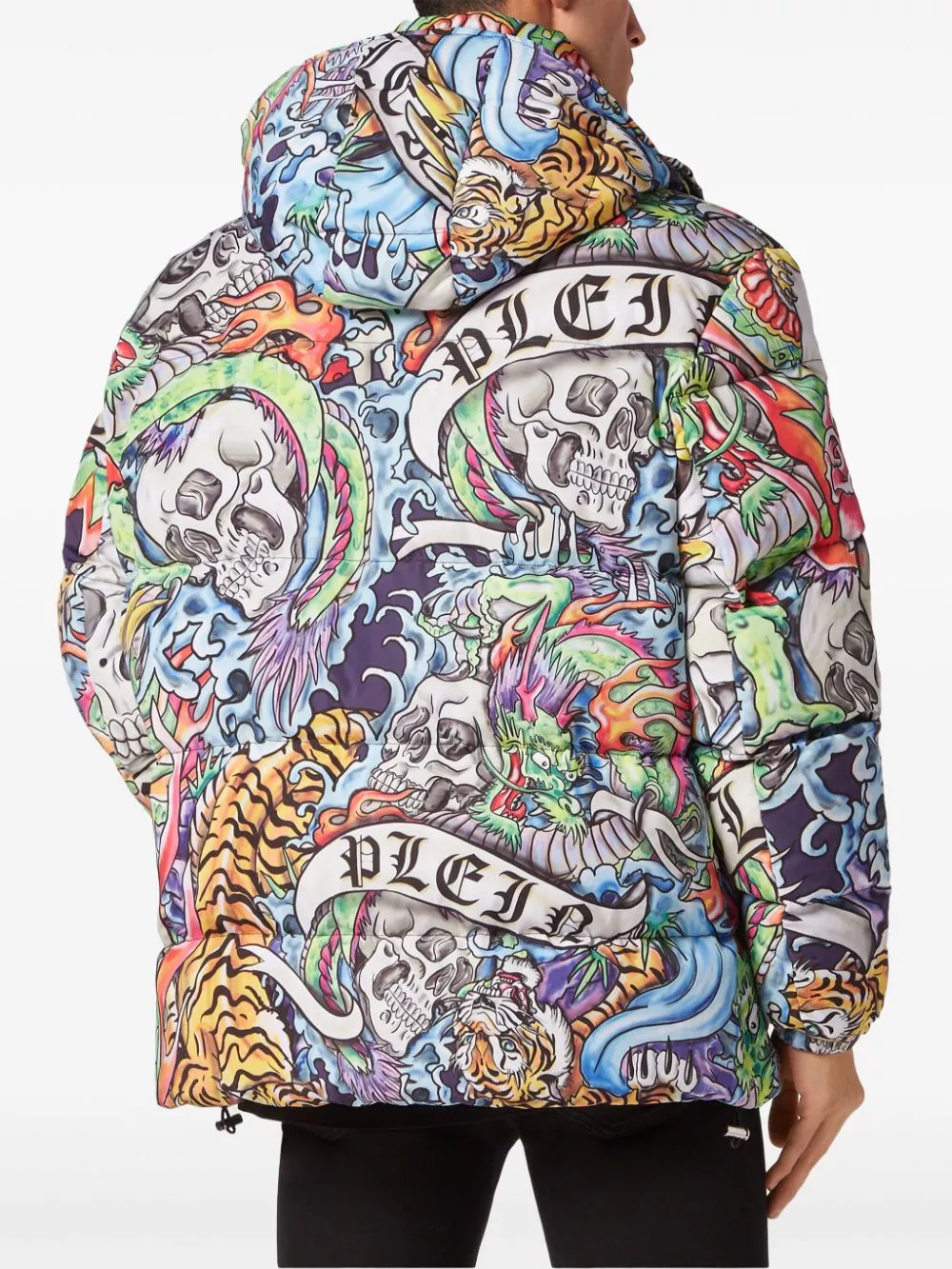 Cheap Philipp Plein tattoo-print hooded puffer jacket Men 0131